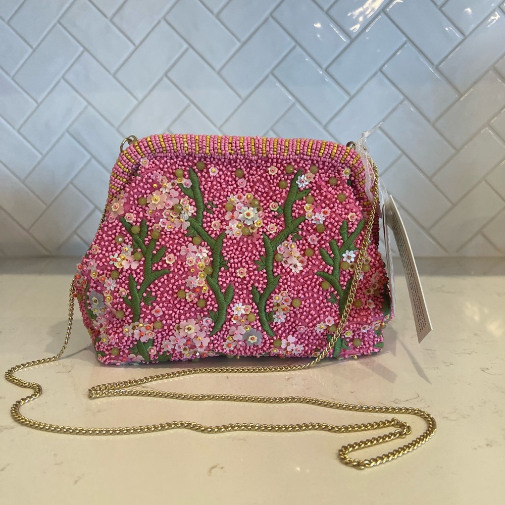 Pink Beaded Floral Crossbody Bag